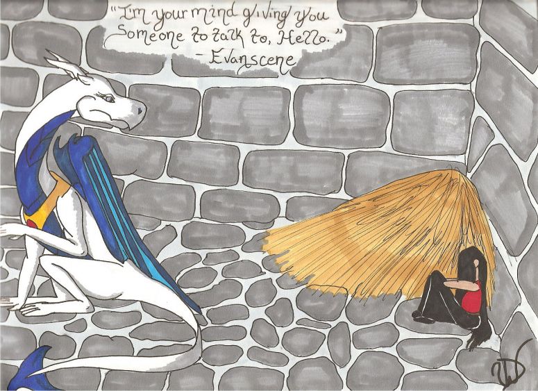 Someone to Talk To - By Dragonness Wyverna
No, I'm not depressed at the moment.  Nor was I when I drew and colored this one.  Obviously, I'm in a dungeon, and I'm talking to myself.  Since this was a somewhat depressing moment (in the pic), I figured that Dragshee would best fit the scene.  And yes, that's a bale of hay in the corner.
