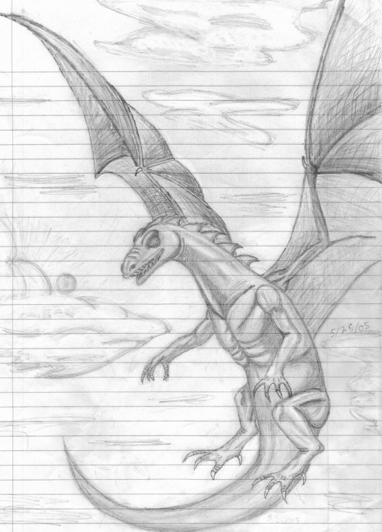 Mnementh the bronze - By Delbin
Tada! Mnementh the bronze from the Dragonriders of Pern! Ok. Here's the story. I'll try make it short! Starting with the torso up, including the wings was copied (not traced!) It came from "the Dolphins of Pern." I know that it's Gadareth, but to me, he looked more like Mnementh. Anyway, since the rest of the body was underwater, I had to improvise. I must say this, this is my best work! Please don't be mad that it's on lined paper. I did it in school and it was supposed to be a doodle, but it obviously didn't. Ok so maybe it's story wasn't so short. Oh well.
