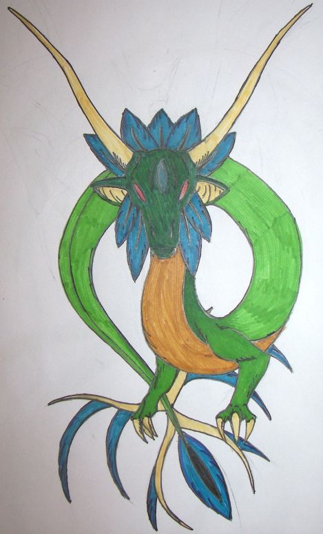 Nestalies - By Silveera
Fourth major god in Maldonian  Mythology, He has to forms, the one I’ve drawn is his peace god form, his war god form is red and the feather like things around his face and on his tail spikes burst into flame and he turns red and his horns turn black and have extra tines. I’m working on a picture of him.
