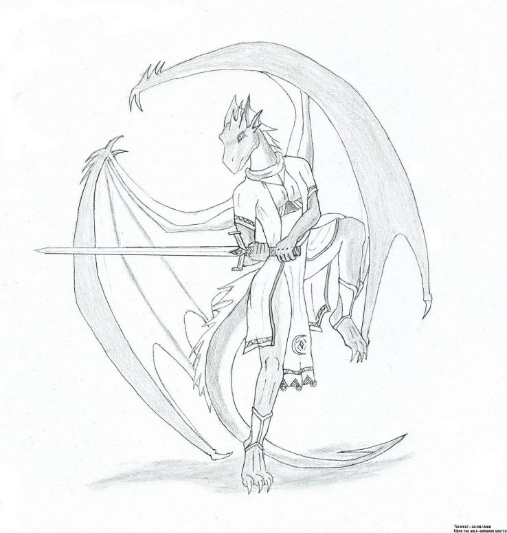 Nova the half-dragon (sketch) - By Tempest
This is Nova the half-dragon; it's a drawing for Jewel's contest.

The requirements: must have black around the eyes, must have a cool name and that's all. The name didn't pose any problem as I was drawing one of my likable NPC I used in an old AD&D game of the Council of Wyrms: Nova (a young, cute, humble half-silver dragon who tends to go along well with other underdogs like himself). The black around the eyes did pose a problem (added with Photoshop) and I hope this will do. Also consider this as a rub-on tattoo (or charcoal marks) as he is more a "semi-wild" half-dragon and makeup and painting oneself is not a concept he is naturally prone to do (not by himself anyway). The drawing also displays him with fancy clothes but usually he wears such things only when he had to meet important people or when he manages to put his hands on such thing. Normally, he wears clothes that are much more simple (and this is a polite understatement).

A summary of his story:
Nova looks like a miniature human-shaped dragon but he is not a true dragon; his father was a full fledged-dragon and his mother was an elf messenger. Dragons usually don't dalliance with humanoids as the product of such unions is generally frowned upon. But his father didn't mind too much about these rules and he was even a bit proud of him... Until his mother got another kid; a half-blue dragon she named Lina. You should note that in that setting messengers travel vast distances over long period of time, and the silver dragon wasn't exactly the good and ever present supporting husband (dragons are quite independent during their childhood years while humanoids usually need a lot more care). So it kinda terminated the relationship between the two but the dragon was worried about his genetic lineage so he took both children (who were teenagers at that time) to the Northern wasteland and left them there on their own demise. Lina didn't had the same resistance to cold as Nova and died there while Nova was capture by frost giants. He would have been killed but he got "rescued" by a group of dragons who had a score to settle with the giants (any kind of help was more than welcome). So to make a long story short, after the battle the dragons took the slaves wherever they wanted but Nova decided to stick around for some times. This is the quick summary, about 20-30 pages would be needed to describe the exact chronology of the events (not to mention background of his parents, the dragons who rescued him and the background of the world itself).

Done with a mechanical pencil 0.3mm.
Keywords: Anthropomorphic