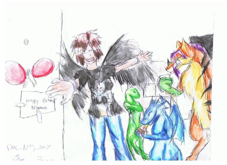PARTY! - By Nighthawk
Party at my house, mmk?

This picture was done with my new watercolor pencils.
It includes my favorite Dragnixians, Mars, Kelsey, and Babydrgn.

Other favorite Dragnixians that could not make it on the picture:
Raven
Akira
Lizzigator
Lighthawk
Fireheart
...And Pyrah
