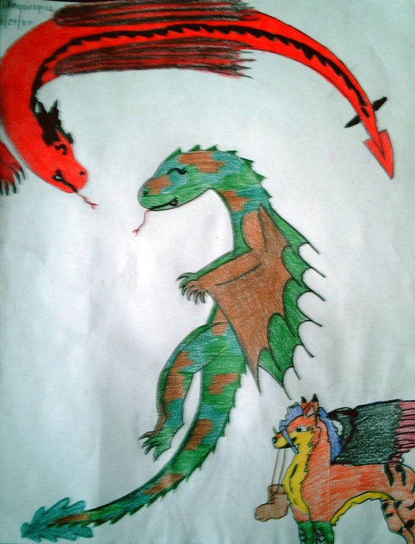 Among friends - By Dragonspice
I made this on white paper for once! Yeah me! Anyway, this is the picture I promised Tiamat so I hope you like it! (Yes that is me in the middle)
