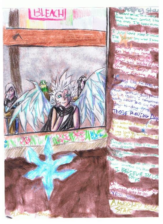 Rolling Star - By Nighthawk
More Bleach Fanart! Are I obsessed or what? XD

Anyways, this one is relatively old. It is based upon Bleach's 5th opening, Rolling Star. The lyrics on the side are the lyrics to Rolling Star in english. So yeah, it is self-explanitory for the most part.

Materials used:
Gel pen
Watercolor pencil
Roseart Colored pencil
Ballpoint pen
Keywords: Anthropomorphic