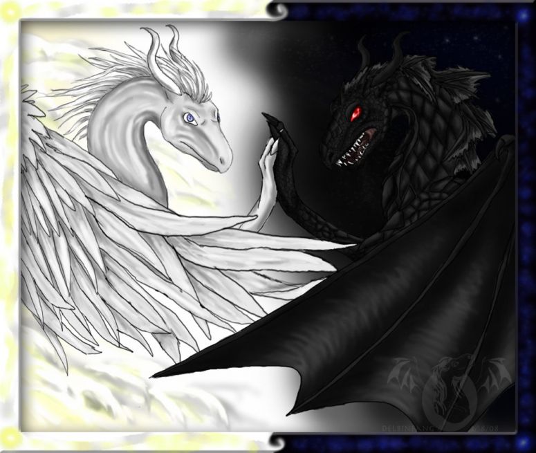 One in the Same - By Delbin
Long Story with this so read the whole paraphrased story on my DevART page. My username is delbinfang in case you did not know. I will say that this is the same dragon. The white one Skywhite was taken over by a dark force and became Skyblack. But he is not evil. he learned to control the force and even though he is like that forever, he uses his new powers to protect.
