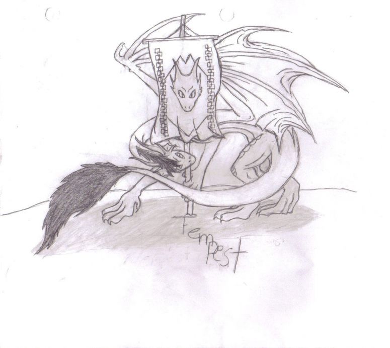 Tempest - By Midnight Dire Wolf
I hope that I did not mess up on the flag.  If I did I'm going to be so fricken mad. This is the version that I liked the best out of the other seven or eight. So, I decided to post this one.  I know that you said that you didn't have anything at the end of your tail, but you seemed kind of plain without it so I added it in so there was more "balance" so to speak in it.  I hope you like it.  If you want to, you can give me an idea of what colors you are(when you figure out of course) and I'll color it
