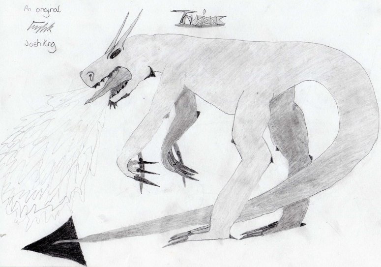 By Mnementh
This is Tnusiaac, the greatest dragon in all of the world of Tyfanisx, he is 50 feet long and he wing span is 100 feet, his most deadly trait is his ability to breath fire, acid and ice at the same time, he fought and killed the evil leader of the dragons.
