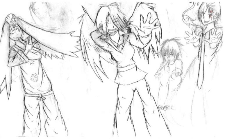 Things I love (WIP) - By Nighthawk
Being a girl that is both anime/manga crazy and video game crazy, there is, without a doubt, characters that I love. Some of these characters are: (From left to right)

Ushiwaka/Waka (On the side- Okami)
Ling Yao/Lin (Unfinished; above Waka- Fullmetal Alchemist)
Kisuke Urahara/Mr. Hat-and-Clogs (He was cut out when scanned; Middle, above Nithak- Bleach)
Oira/Issun (On Nithak's shoulder- Okami)
Ryuzaki/L (Right of Nithak- Death Note)
Timcanpy (Was slightly cut when scanned; Right of L- D. Grayman)
Allen Walker(Below Timcanpy- D. Grayman)

This is a work in progress.
Keywords: Anthropomorphic