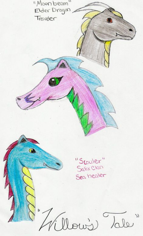 By CatC
1/10/07
These are the three dragons involved in "The Tale of Willow". When I scanned the picture, it cut off the pink ones info. This is what it said: Peachblossom, Salix Clan, Land Healer. Scouler and Peachblossom are Willow's parents. Moonbeam is Willow's guardian. Hope you like it!
Keywords: Head