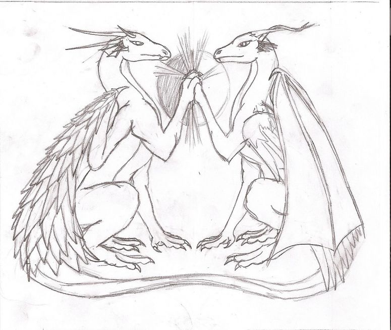 Light and Shadow - By Silveera
Light and Shadow. Cover for the first Maldonia Chronicles.

Here you go Jade, this is what I came up with, and don’t say I should use it as it is, I want you to do it cause you can colour waaaaaay better  than I can (and you can draw scales perfectly, me on the other hand... -__- ). This is the draft for my book cover,  On the right is Hellbane (I’m changing her name in the book, it sounds to cheesy) and on the left is Silveera, The circle behind them is the moon, the dark side and the light side, The feather looking stuff on Hellbane’s wing, are enlarged razor sharp scale.
