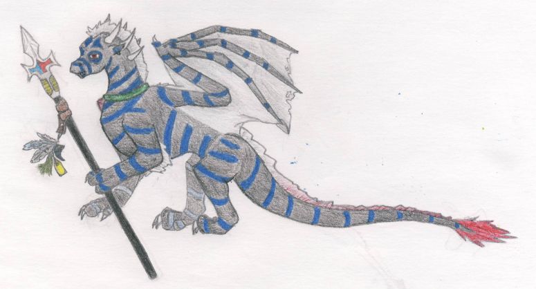 By Guardian
He’s for MDW’s DA contest and I've finally named him! 8D  His name is Yari (which means ‘spear’ in Japanese cause he has an awesome spear that he always carries around ^^) and he’s kinda a primitive dragon.  When he was young, he was abandoned when a flood wiped out half his family and the rest had to flee. Yari was old enough to hunt, so he flew away and lived on his own, later making a spear. Every time he killed a predator worth remembering, he added a small tuft of their hair or one of their feathers to his spear’s decoration. And... that’s just about all there is...
