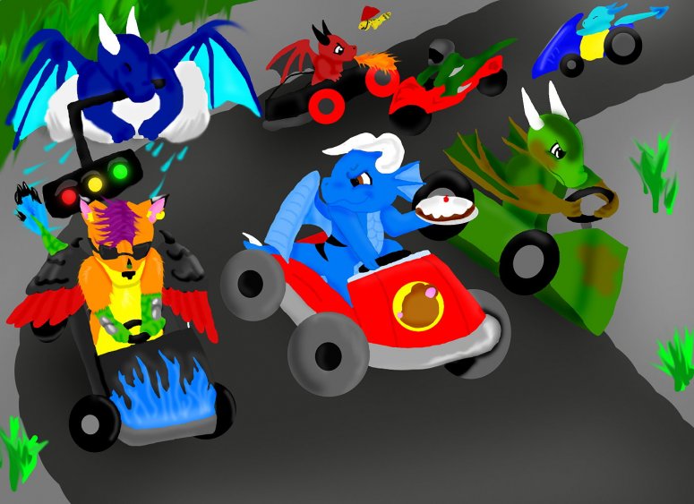 Dragnix cart - By babydrgn
mario cart + doodle + photophop+ boredom= this >=}....front row= mars, me, dspice....backrow= tiamat+ comet, kelsey, aqua...cloudy= tempest! (do the math)
Keywords: Anthropomorphic