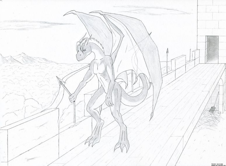 Drakkel - By Tempest
This is Drakkel, it is supposed to be a male, but I'm not sure anymore. Posterity will decide.
This drawing is for a contest ( http://midnight-dire-wolf.deviantart.com/ ), I don't really know all the small details about it but I guess I was just seeking an excuse to draw something and prove that I haven't totally lost my touch after two years and half of not drawing anything.

The contest objectives were: must have a really cool name, should have wings, 6 horns, three toes, mane, have a description and looks like it guards something

So in order: okay, check, it was difficult to place them but done, no problem encountered for that, completed, I will have to ask for details about what I need exactly to fulfill that point and that last one was almost a misfire; at first it looked more like it wanted to barge in than guard anything but I think I was able to put the drawing back on track (to some extend).

Technical details:
Done with an automatic pencil 0.3mm. I didn't know where the pic was going even toward the end; the position of the legs and hands changed several times but the pic turned out better than expected. Shading was a pain as the paper of my new sketchbook is a bit textured. It's not a problem when drawing, but it doesn't give a smooth shading; I ended up using a q-tip to uniformize it. For someone used to draw on photocopier paper, this was a bit unexpected, so I opted to not shade the whole thing and wait until I can experiment a bit more with this kind of paper.
