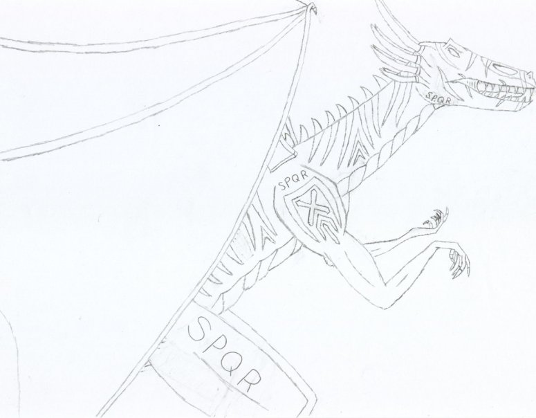 By Eric Daniel
This dragon was captured as a juvenile by a Roman general under Julius Caesar shortly after 49 B.C. in the middle regions of Gaul, during Caesar's conquests, and given the name Marcidus, or Withering. It's color is black, but the markings are red, as are his eyes. The markings are tatoos given to the dragon after its capture to give it a more fearsome appearance. Many tools were broken during the tatooing process. Since the fall of the Western Roman Empire, Marcidus has hidden himself away, only hunting when needed. Nothing more has since been heard.
