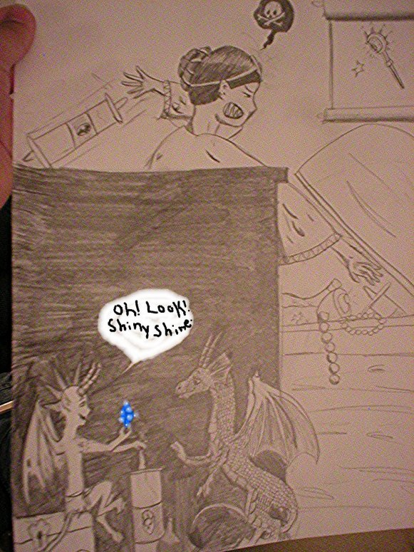 By Dragonfire
That little imp and dragon just stole the mage's stuff! And she's trying to find it! 
If you can't read what the imp is saying, he's saying 'Ooh! Look! Shiny shine!'
The imp is holding a gem.
