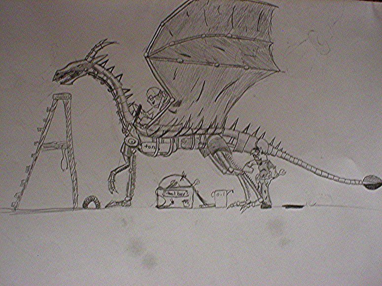 Mechanical Dragon - By Dragonfire
It all started because of two gnomes.  They were annoyed that they could never ride a dragon without looking dignified (their legs always stuck straight out and looked quite silly). So these gnomes built a dragon that's the right size...looks like that one guy is rarin' to go.

