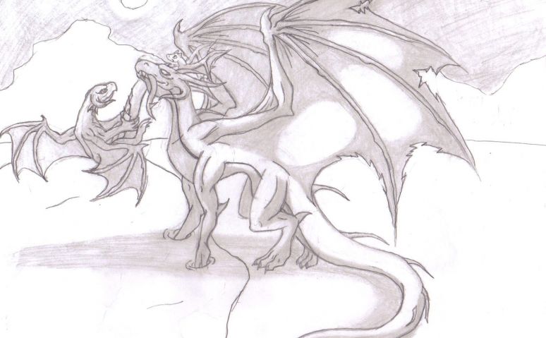 Me 'n Babyd - By Midnight Dire Wolf
I like this version ALOT better than the colored.  In my opinion the way I colored the pic totally ruined it. If you're wondering about the water, it's not supposed to have a reflection since it's a gate leading to the Underworld's realms. My mom asked me and I quote,"Who drew it?" Me: I did. "Did you trace it?" Me:-.-' No.  "Hm..." So yeah... if anyone wants to photoshop it they can as long as I get credit for the original pic.
