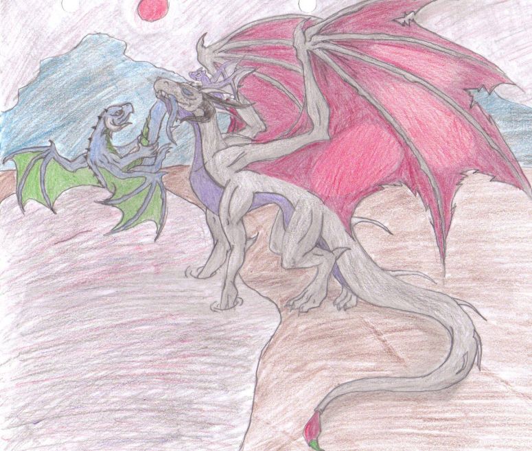 Me 'n Babyd (colored) - By Midnight Dire Wolf
Yeah my scanner totally hates my new coloring style s it makes all the colored pencils strokes more seeable. Yeah the colors of the mountains,moon,water looking thingy, and land are all that way because we're in the demon realms about to travel to the Underworld.
