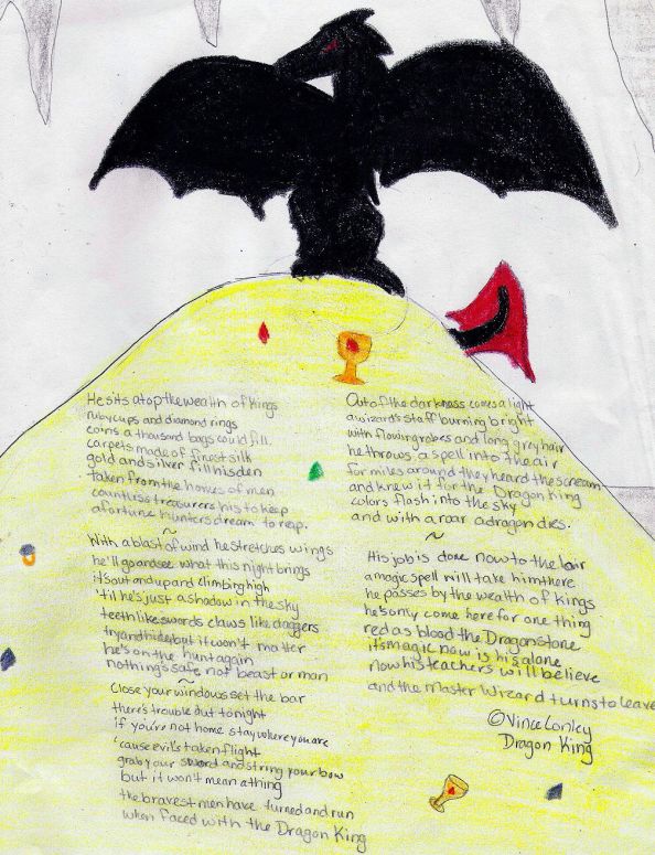 By CatC
I read this poem and I instantly pictured a dragon all black siting on top of a pile of gold. So I of course
drew it :D
Hope ya like it :D
