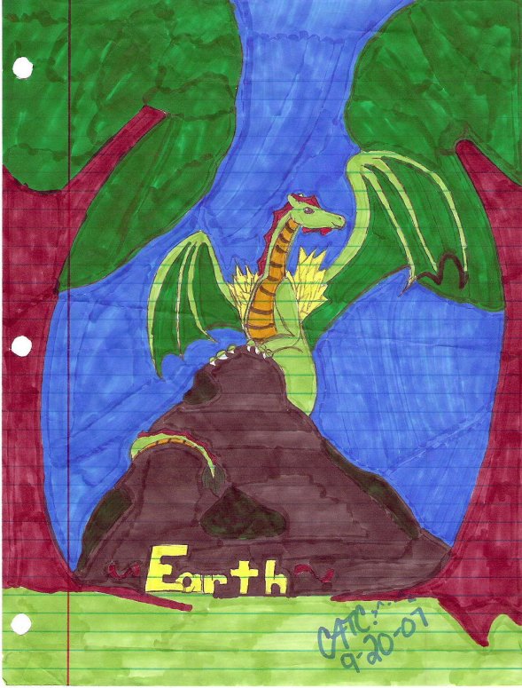 Dragon of the Earth - By CatC
I hope you guys like it. It was drawn with pencil, but colored in marker. It is one of the elements, so that's the reason for all the green.

