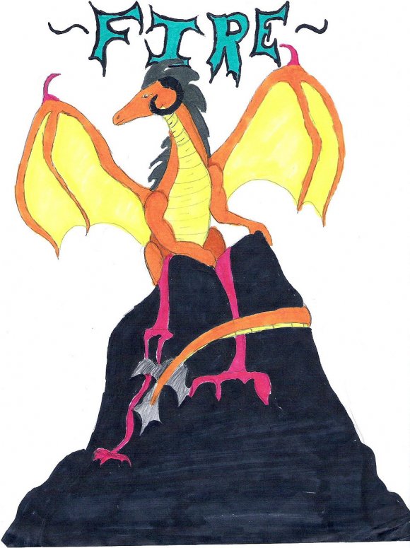 Fire Element - By CatC.
9-28-07
This is the last of the series of my elemental dragons. The tail has sharp metal razors on the ends of them.

