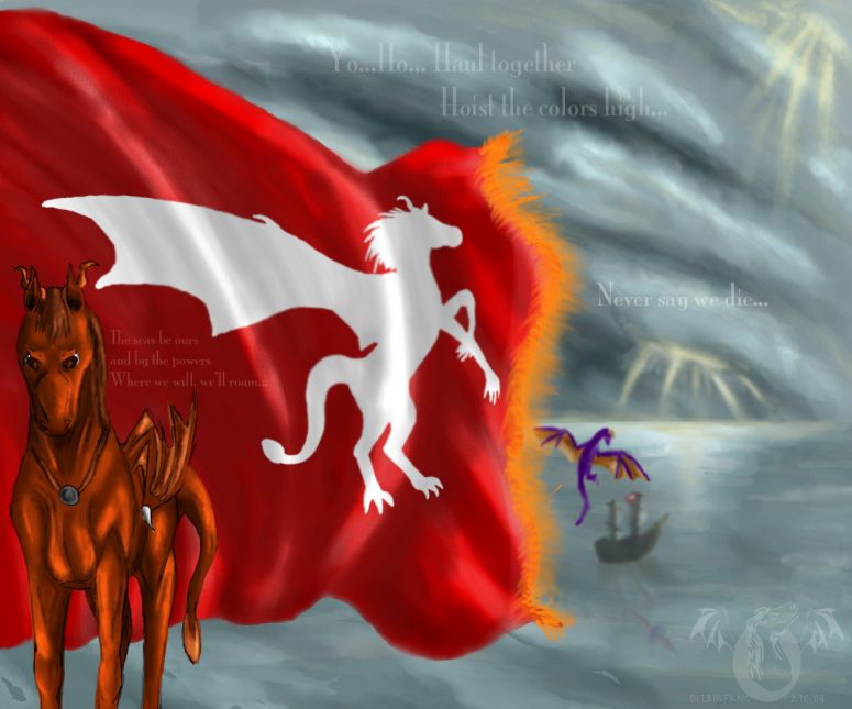 Hoist the Colors - By Delbin
Based off of the song "Hoist the colors" from the 3rd Pirates movie. It was an art challenge for Dragonness on devART. We had to choose a song she gave and include ourselves and one other character. I'm in the background (the lil purple dragon) and the dragonhorse colt is a dragonized form of the kid in the beginning of the movie. There are meanings for the colors on the flag and stuff, but it's too long to explain. I could explain in comments and it's also in my devART gallery with a full description of the meaning and such.
