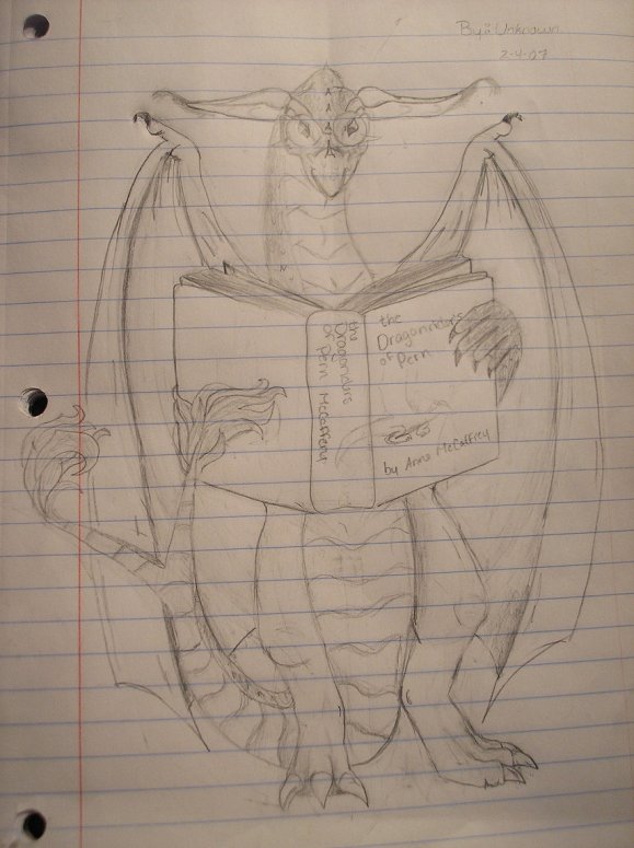 Self Portrait - By Unknown
This is me reading a book. As you can see my tail splits and has tuft of hair at the end. Also I have ears which is abnormal for dragons, but I got them. First self portrait!
