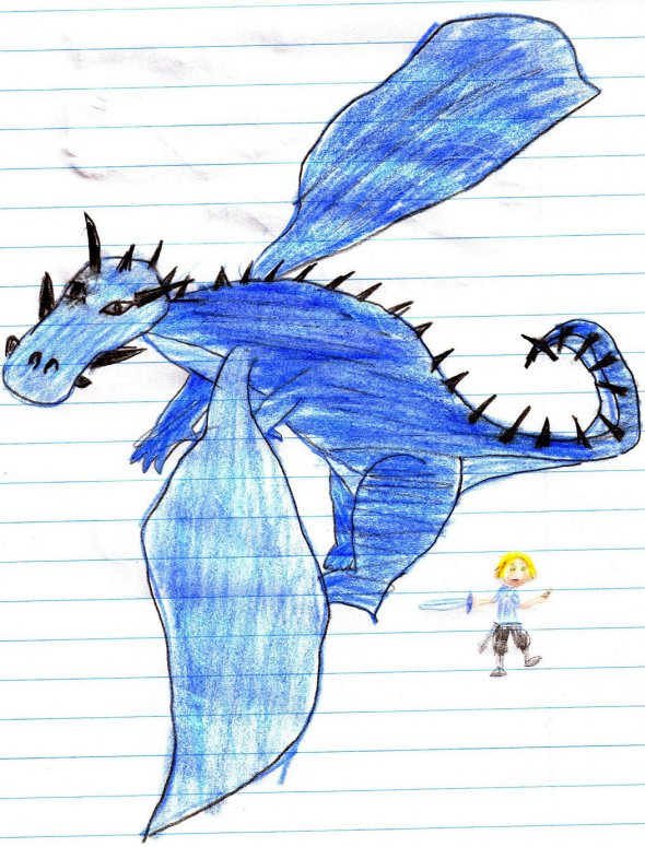 Temeraire - By Liz
i drew this for a friend. we have our own "story" for which i am the artist. he requested a blue dragon, and when i had shown it to him, he named it. he is depicted below Temeraire. the blue sword is named Fyrn, "war" in the elven language from the Inheritance Trilogy.
