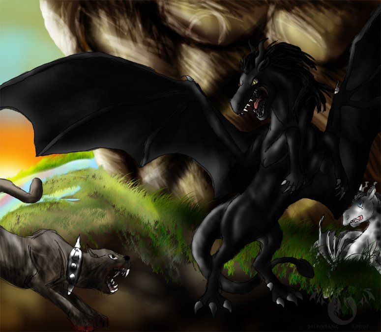 "I will protect you" - By Delbin
A scene from my story "Sounds" about a dragonhorse named Midnite (the black one). The baby is named Hektor. There are two lions but the other is offscreen since drawing lions is not a strength for me yet.
