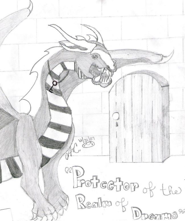 Protector of the Realm of Dreams - By CatC
12/31/07
I got the dragon's head and body characteristics from a poster I have called "Rouge Dragon". I was trying to improve on demision and shading. The feet aren't all that great. Beyond the door is the world of dreams.Hope ya like it! :)
