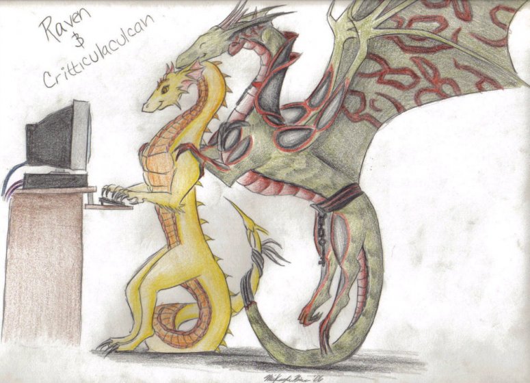 Raven and Crittic - By shygirl
So heres my take on raven and the crittic. lol. ravens online talkin to her dragnix friends, w/ crittic hovering over her watchin whats goin on. ^_^ hope ya like it raven and crittic.
