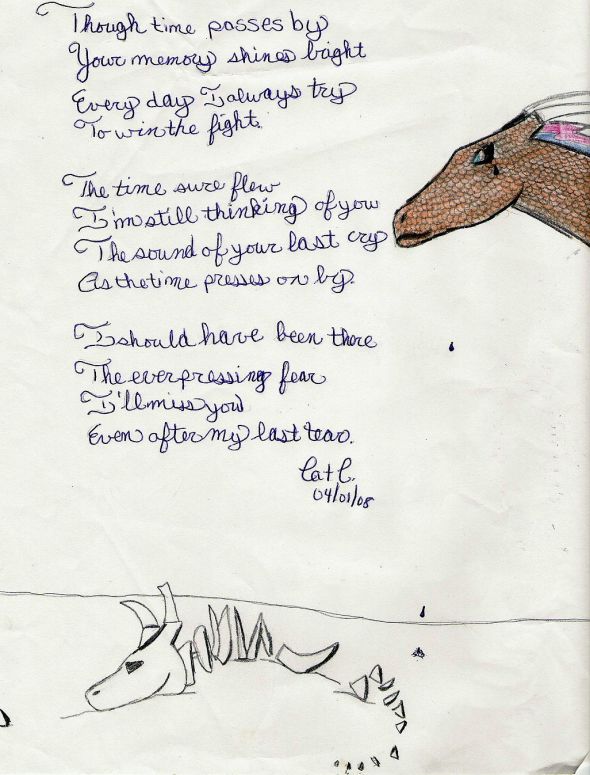 By CatC
This is a poem about a dragon losing it's mate and then having to deal with losing them because it was there when it had happened so now it visits that same place and relives the last moments of then being together.
Hope ya like it :D
