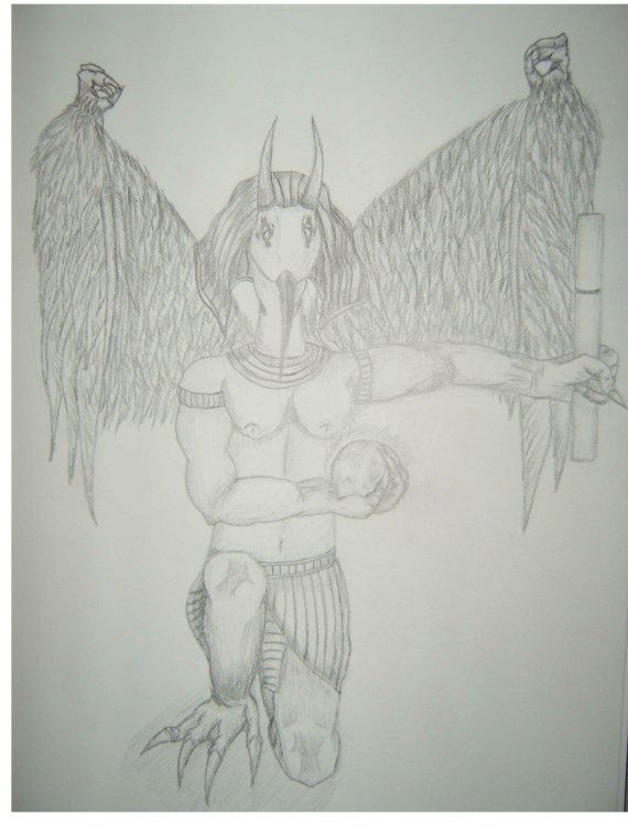 Egyptian Hybrid-Thoth - By Egyptian Dragon
Thoth is the Egyptian god of record keeping/writing, the moon, and magic/spellcasting.  In his right hand he is holding the illuminating moon, and in his left he is holding a scroll which contains records of each god.  He has the head of an ibis, a very graceful bird in nature.
Keywords: Anthropomorphic