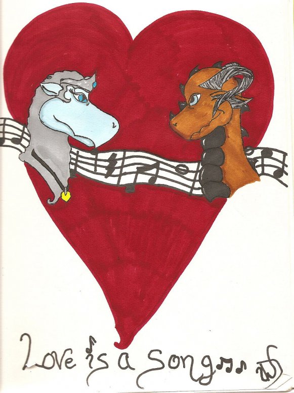 Love Is A Song - By Dragonness Wyverna
Could it be true love? Remember Princess Fluffy, my sister? Well, this is her, and her boyfriend, Windchester.  ^_^ Wish them luck! And for those musical tykes out there. . . ignore the notes.  They're not an actual song, just random notes on the treble cleff.
