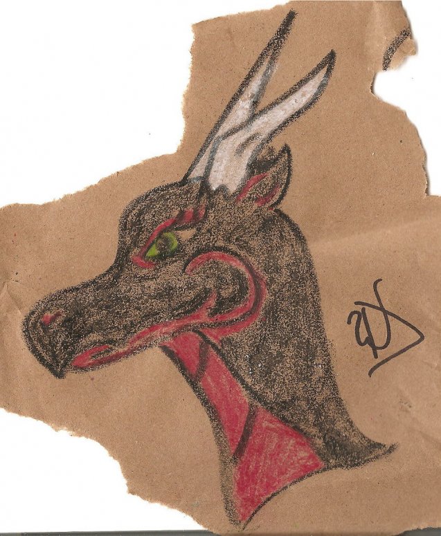 By Dragonness Wyverna
drawn on brown paper with cheap-o crayons.  Supposedly, the pink was 'apple red'.  I'm PINK!!! X_X
Keywords: Head