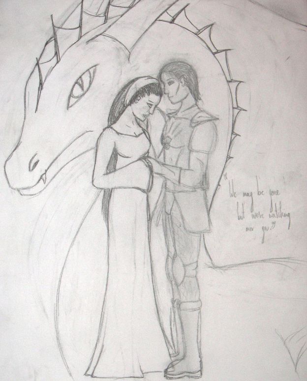 Ghost of true love - By Silveera
The writing says “We may be gone, but we’re watching over you”. The girl is Hellera, the ghost is Valafor and the dragon in the background is Dargo, The dragon Valafor is spirit bound with.
